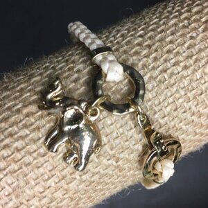 Elephant Charm Bracelet 7 In Gold White Braided Cord Retro BoHo Exotic Lucky
